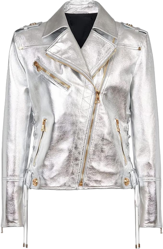 Women Metal Silver Leather Jacket Zipper Moto Outerwear Chic Lace-Up Leather Motorcycle Jackets Medium Silver