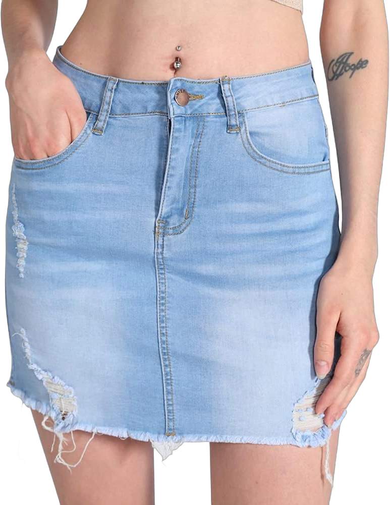 Women's Casual Mid Waisted Frayed Distressed Ripped Raw Hem Slim Fit Denim Jean Short Skirt Large Short Light Blue