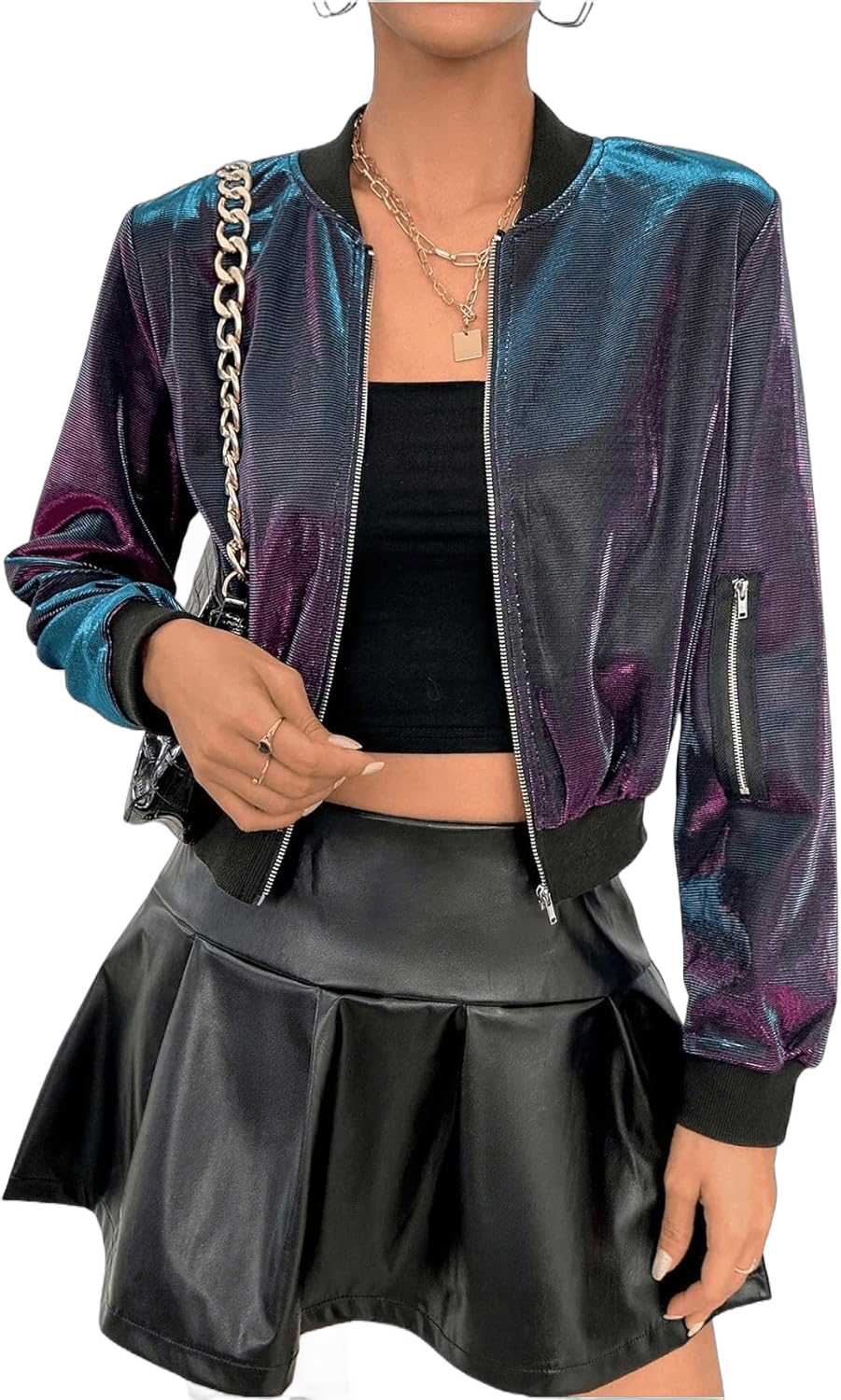 MakeMeChic Women's Metallic Holographic Crop Jacket Long Sleeve Baseball Collar Zip Up Bomber Jackets X-Large Multicolor