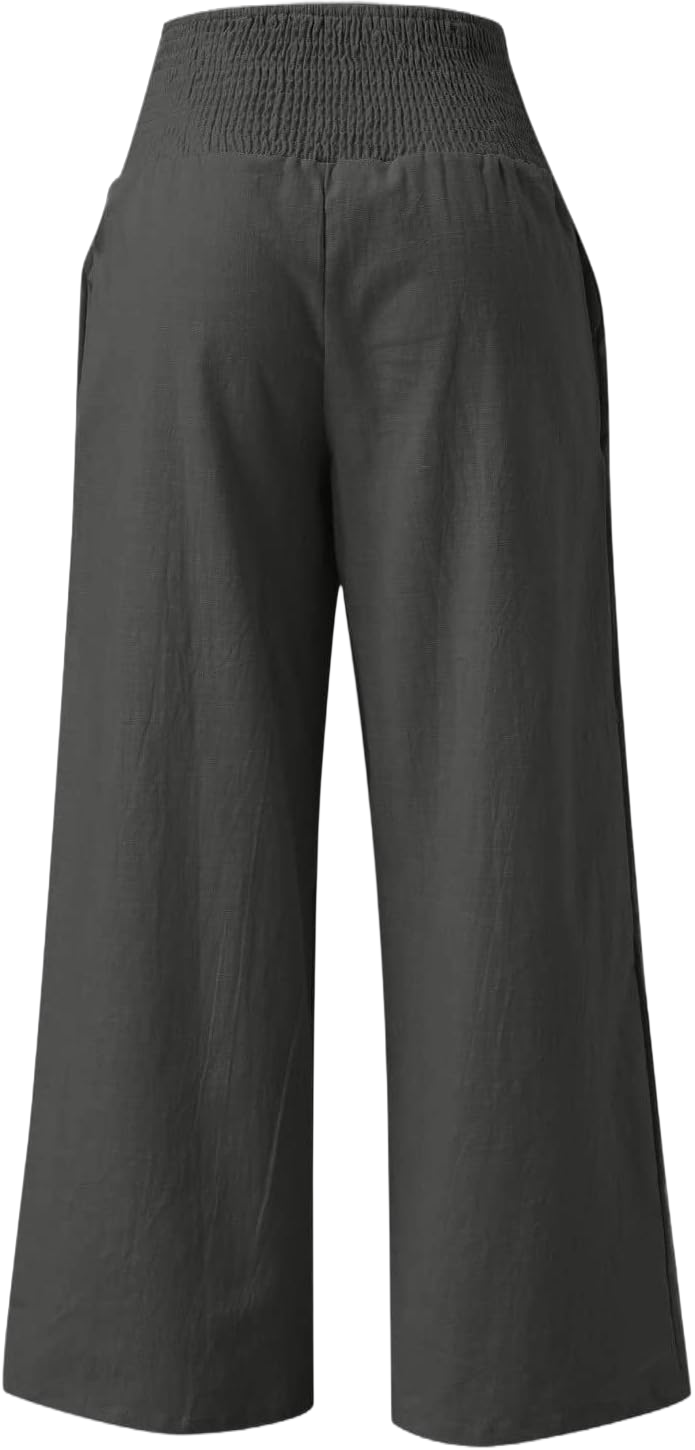 Hvyesh Women's Cotton Linen Loose Fit Palazzo Pants Summer Casual High Waist Stretchy Wide-Leg Trousers with Pockets #02-dark Gray 4X-Large