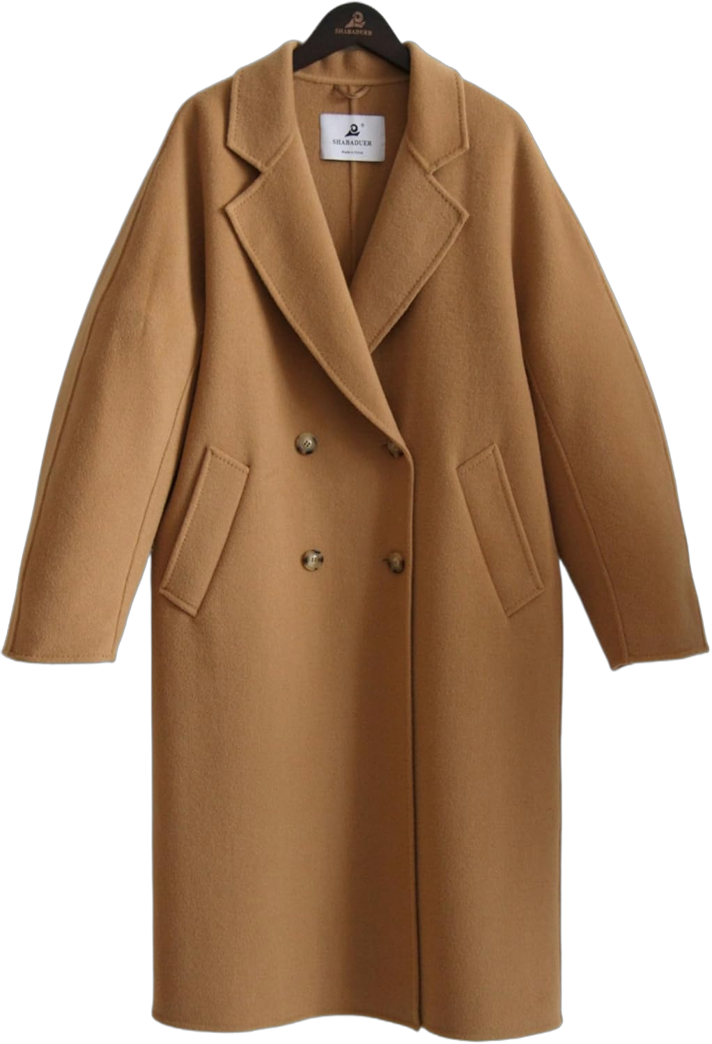 SHABUDUER Women's Australia Wool Lapel Double-Breasted Outdoor Long Double-Sided Peacoat Medium Camell