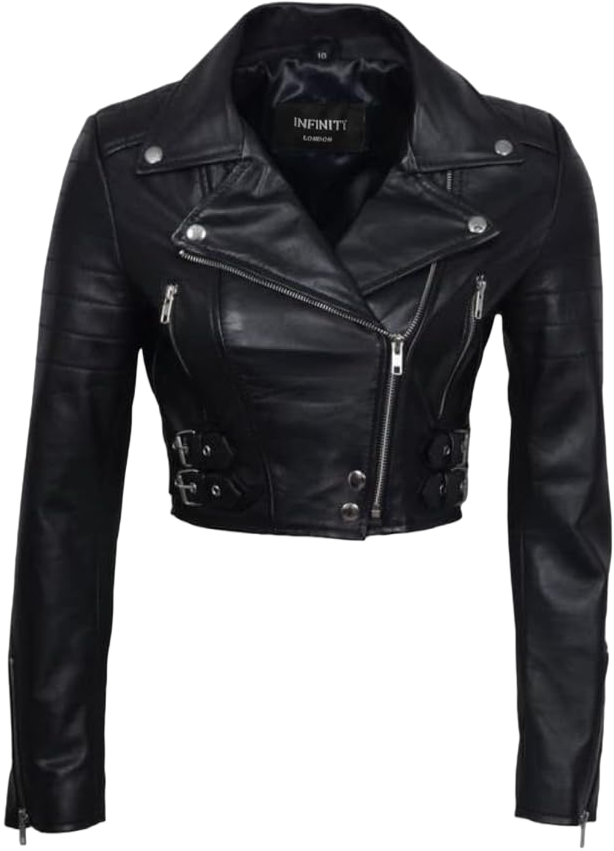 Women’s Chic Black Cropped Leather Biker Jacket 14