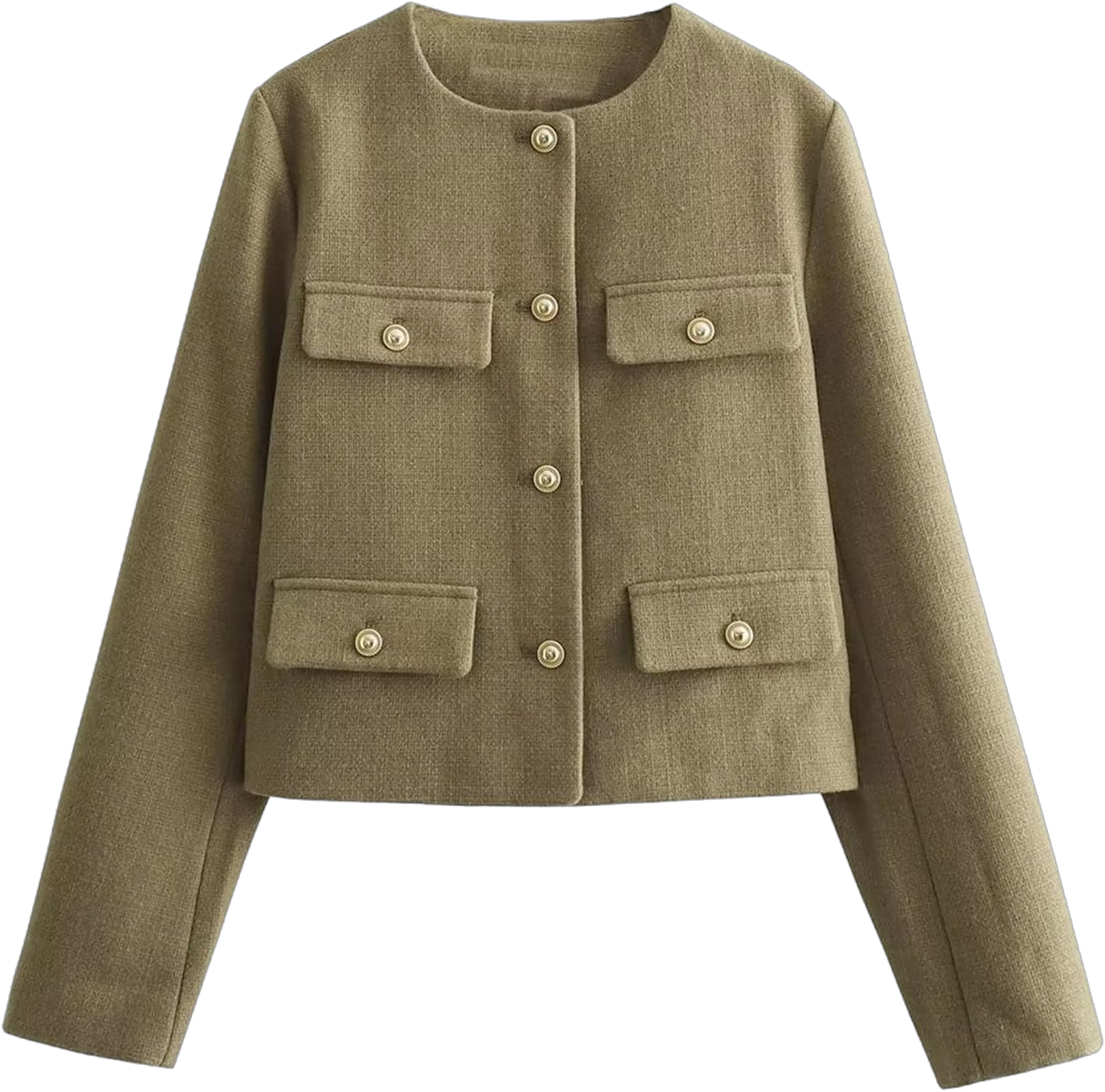 Xaspee Crop Tweed Blazer Jacket Women Collarless Open Front Button Down Business Work Casual Wool Jacket Coat Sage Green X-Small