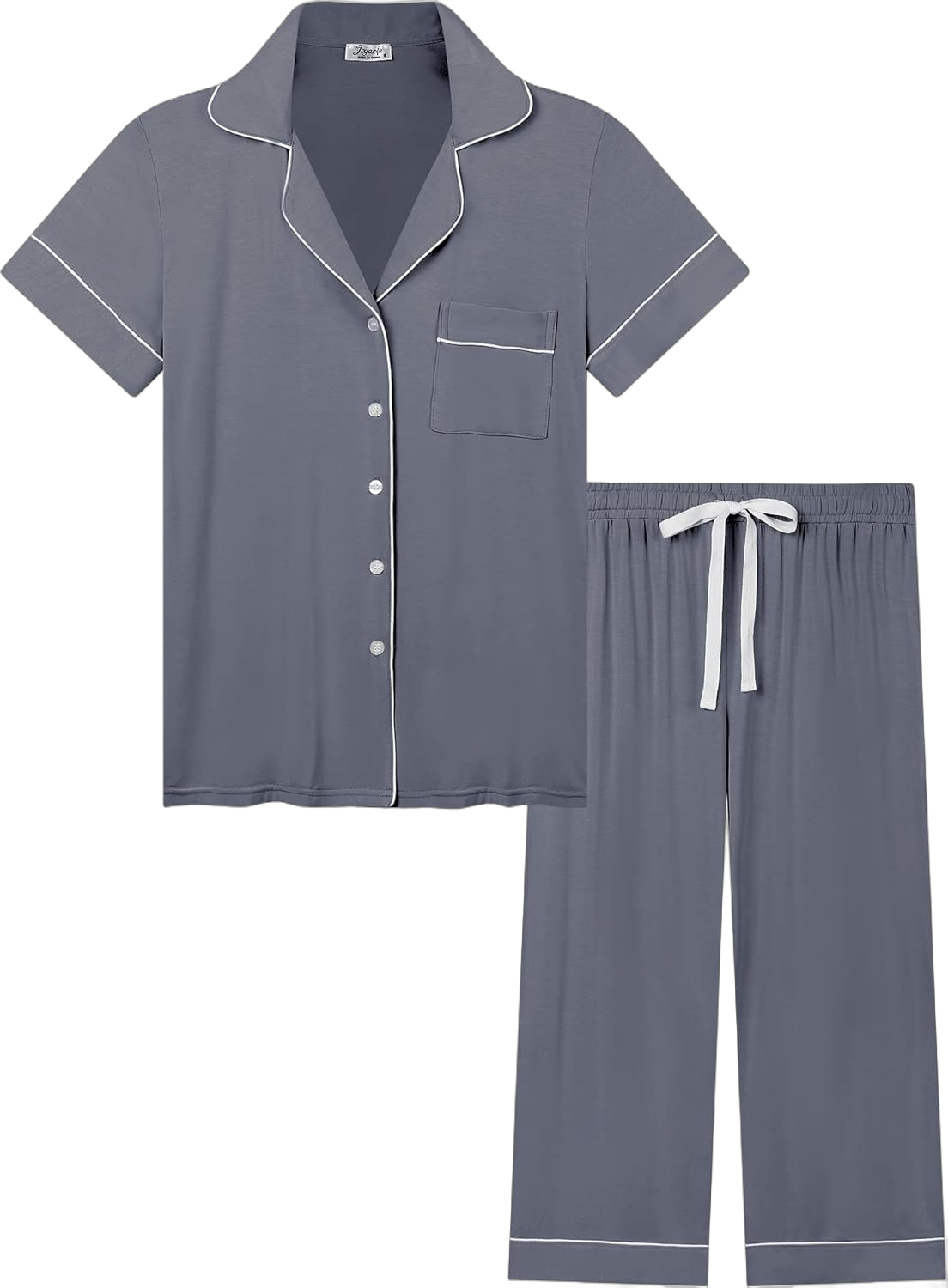 Joyaria Women Viscose Made from Bamboo Pajamas Set Cooling Capri Button Up/Down Pjs Short Sleeve Sleepwear Large Dusty Grey