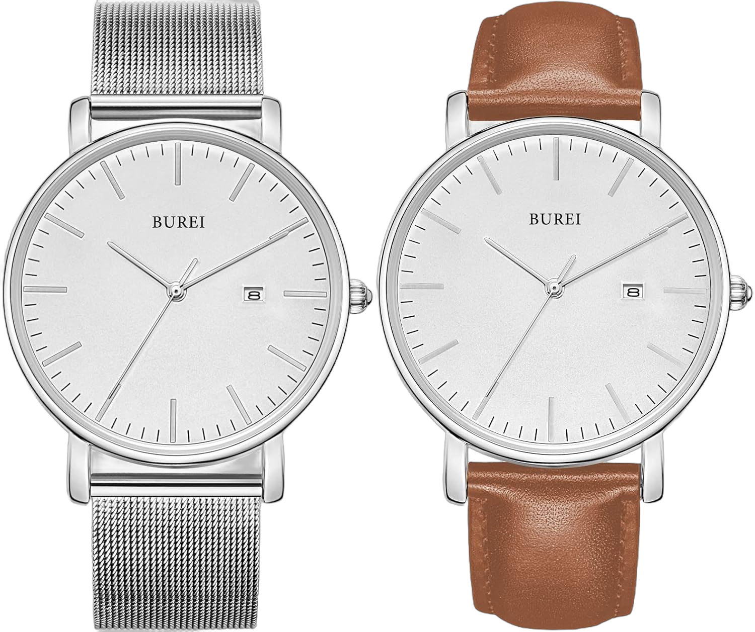 BUREI Men's Fashion Minimalist Wrist Watch Analog Date with Stainless Steel Mesh Band/Leather Strap Silver and Silver Brown Watch Combination