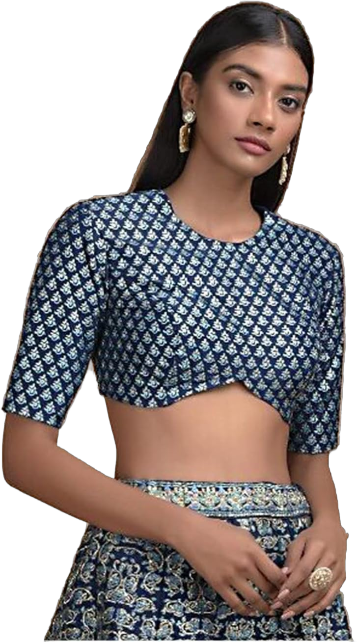 Women's Readymade Art Silk Blouse For Sarees Indian Bollywood Designer Padded Stitched Choli Crop Top Navy Blue X-Large