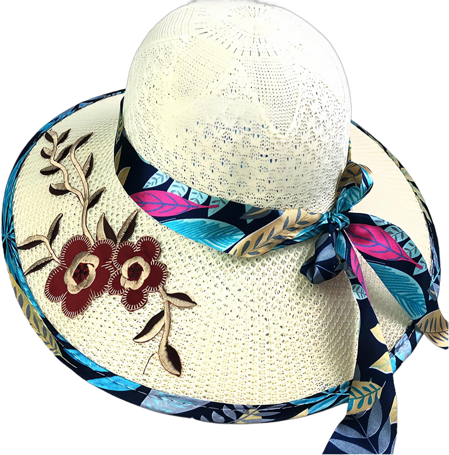 Women Baech Hat Flower Embroidery Wide Brim Straw Hat Sun Floppy Travel Hat Bowknot Beach Summer Cap. Milky White Cotton