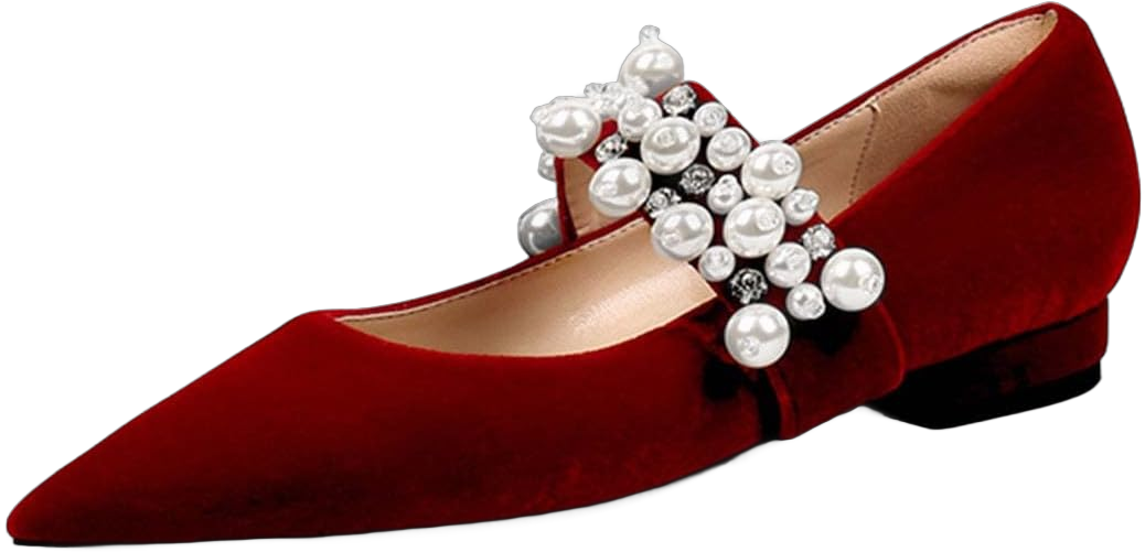 XYD Women's Pointed Toe Velvet Flats Pearl Strap Beaded Mary Janes Stylish Retro Party Dress Shoes 10 Red