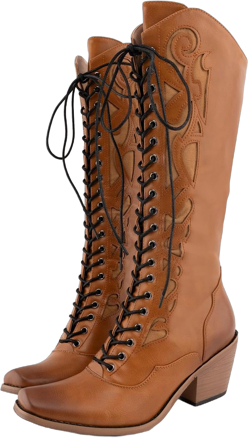 SO SIMPOK Lace-Up Cowboy Boots for Women, Vintage Knee-High Cowgirl Boots, Low Heel Mid-Calf Western Boots, Tall Square Toe Boots for Ladies 9.5 Brown