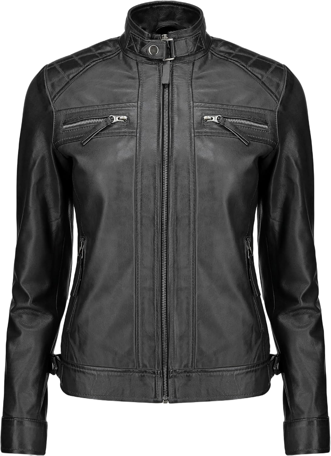 Jild Café Racer Leather Jacket Women - Zip Up Moto Biker Style Casual Fashion Real Lambskin Women's Leather Jacket Medium Black