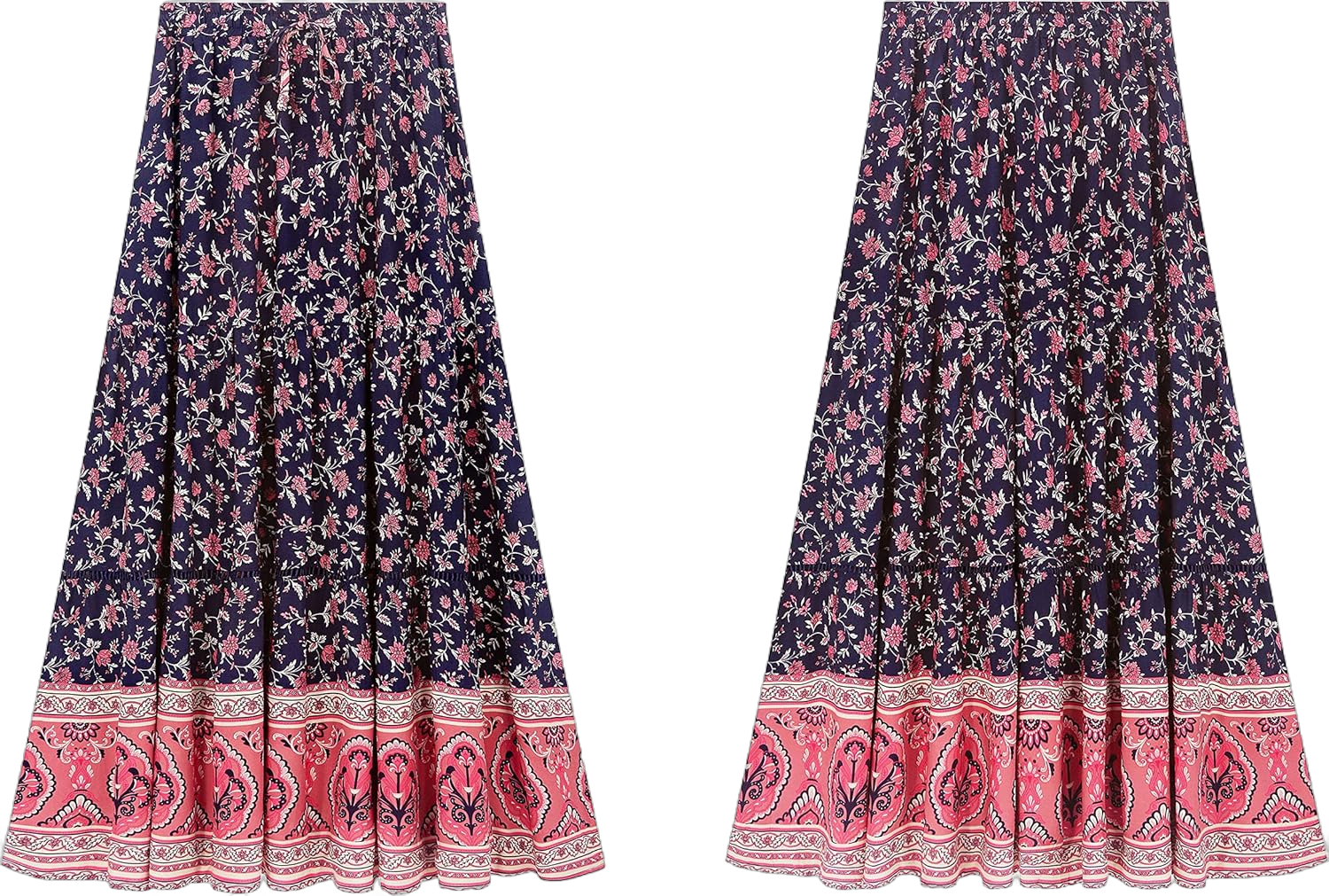 R.Vivimos Womens Summer Cotton Vintage Floral Print Boho Casual Ruffled Flowy Maxi Skirt Large Navyblue-red