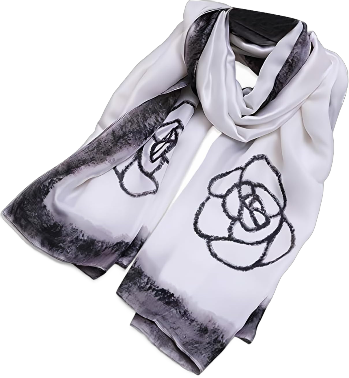 Women's Silk Scarves Artistic Ink Painting Elegant Floral Printed Long Shawl Soft Wrap Sunscreen Shawl All Season Ink Painting Flower/White