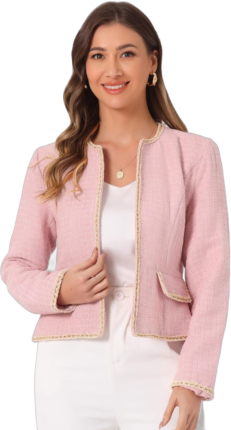 Allegra K Women's Christmas Plaid Tweed Blazer Long Sleeve Open Front Work Office Short Jacket Small Light Pink