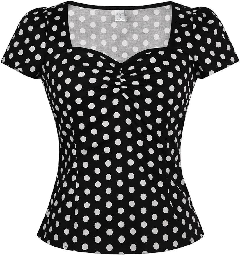 YARN & INK Women's Rockabilly Tops, 1950s Pinup Vintage Blouse Square Neck Slim Fit Shirt Classic Elegant for Women Girls Large Black Polka Dot