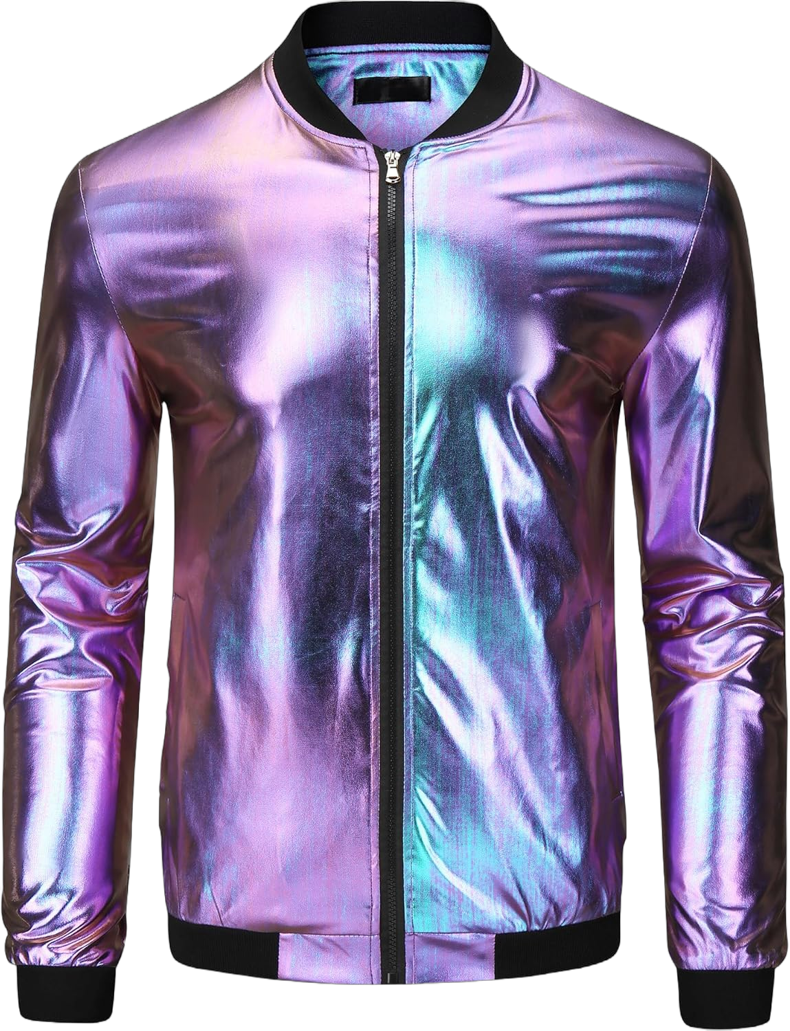 Lars Amadeus Metallic Varsity Purple Holographic Jacket for Men's Zip Up Long Sleeves Shiny Purple Bomber Jacket Small