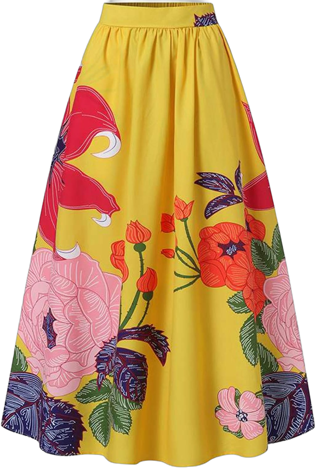 Miyaomn Women's Fashion Boho Floral Maxi Skirt Loose Mopping Floor Length Big Hem High Waist Pleated Beach Skirt with Pockets A - Yellow Medium