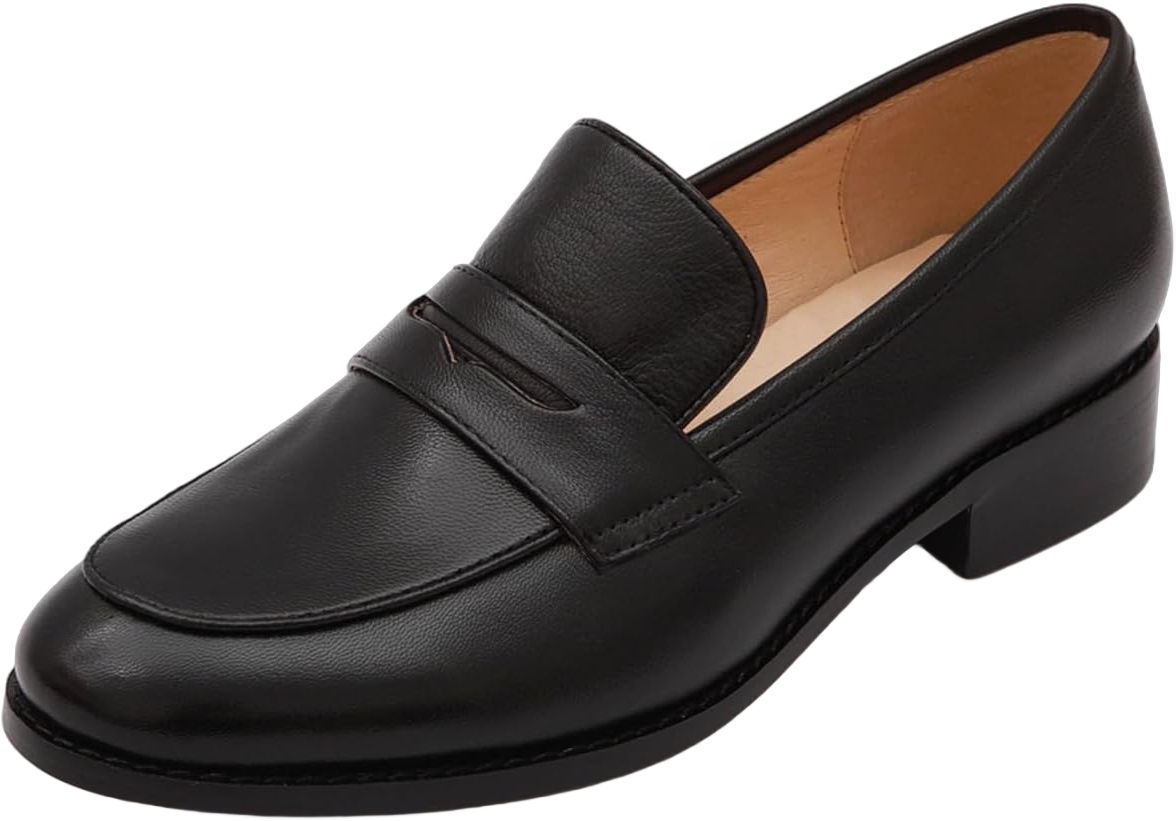 Mona flying Women's Comfort Leather Round Toe Penny Loafers Dress Casual Slip On Flats Ladies Office Work Shoes 8.5 Black