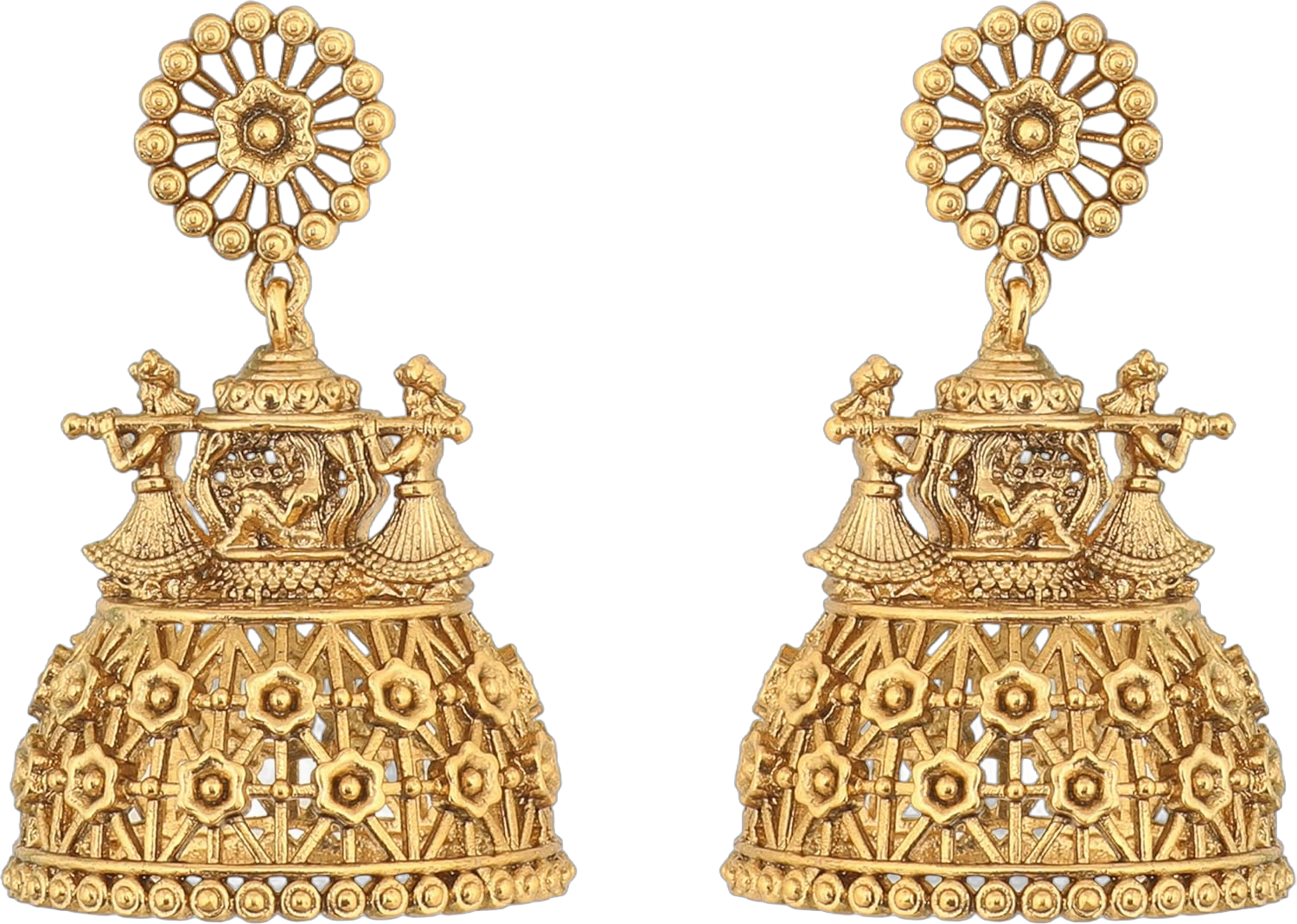 Tarinika Antique Gold Plated Vibhati Jhumkas with Temple Design - Indian Earrings for Women | Perfect for Ethnic Occasions | Traditional South Indian Jewelry | 1 Year Warranty*