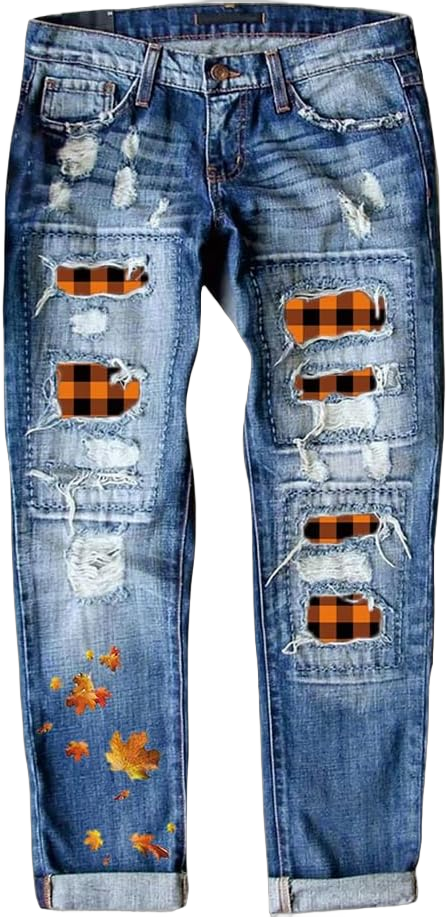 ZOCAVIA Womens Trendy Denim Jeans Plaid Patch Ripped Low Pro Distressed Stretch Skinny Pant with Hole Cute Boyfriend Jean for Women Maple Leaf Plaid Denim Jeans XL