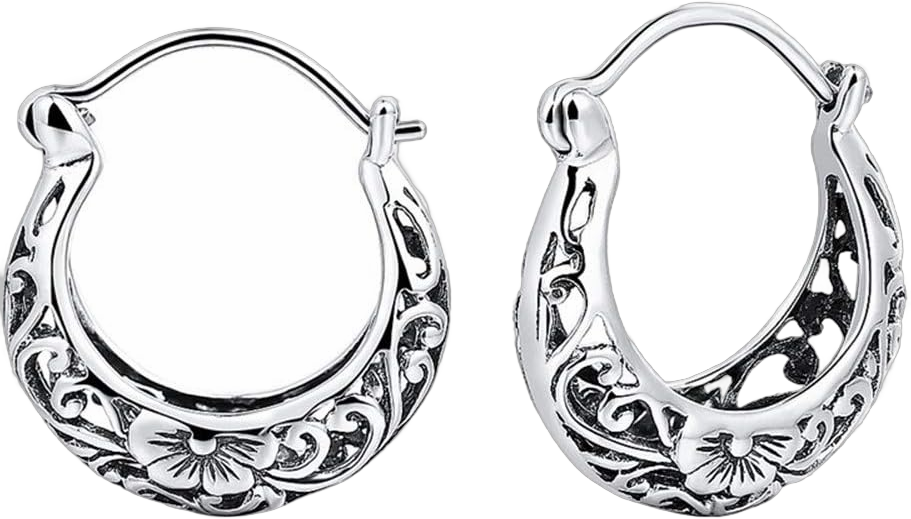 BALMORA 925 Sterling Silver Vintage Filigree Hoop Earrings for Women Floral Flower Heart Clip-on Small Huggie Hoop Earrings Lightweight Oval Hoop Earrings Jewelry Christmas Gifts for Mom Style 1