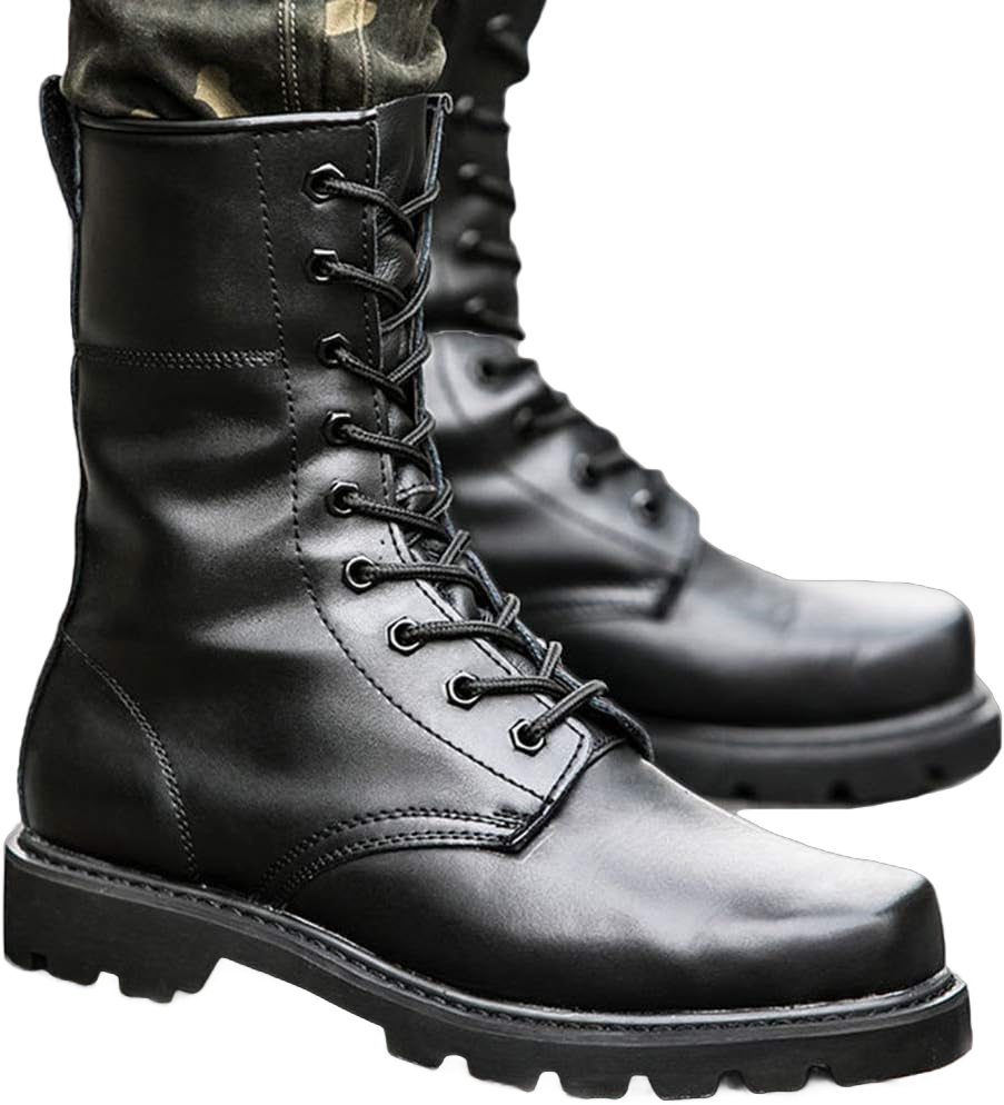 Leather Steel Toe Military Ankle Boots,special Forces Combat Training Boots Outdoor Hiking Boots Non-Slip Men High-top Autumn Winter Keep Warm Casual Shoes,Black-42