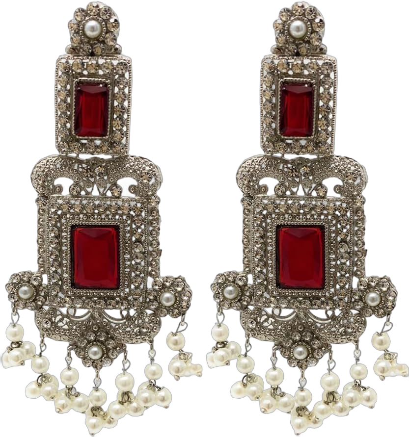 Indian Pakistani Gold and Silver Plated Zircon Pearl Jhumka Chandbala Dangle Chandelier Earrings with Hair Chains - Bridal Party Holiday Christmas Womens Gifts by Duel On Jewel Victorian Red