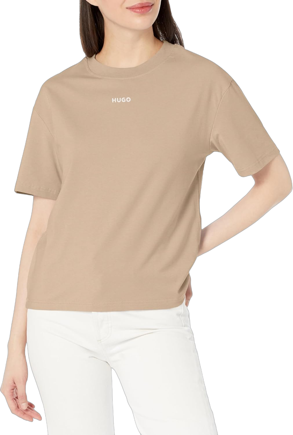 HUGO Women's Center Logo Relaxed Fit Short Sleeve T-Shirt X-Small Safari Sand