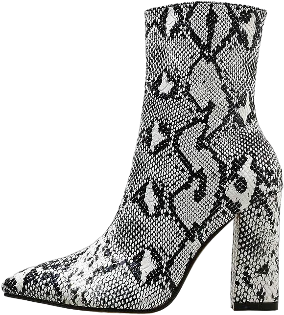 Womens Pointed Ankle Boots With Block Heels In Snake Print Bootie