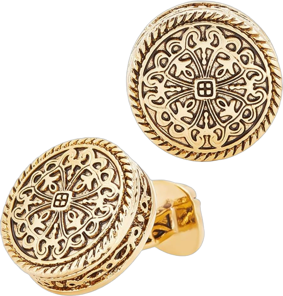 WADORN Metal Cufflinks for Men, Brass Men's Cuff Links Vintage Engraved Floral Cufflinks Round Shirt Cuff Links Antique Golden