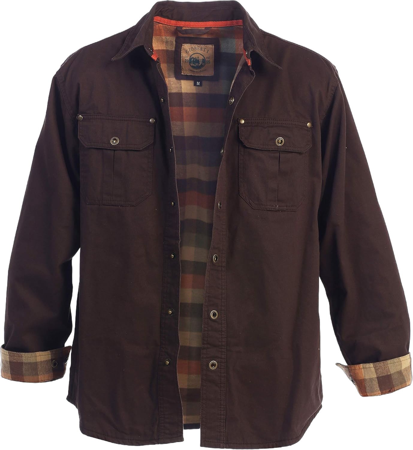 Gioberti Men's 100% Cotton Brushed and Soft Twill Shirt Jacket with Flannel Lining Medium Brown