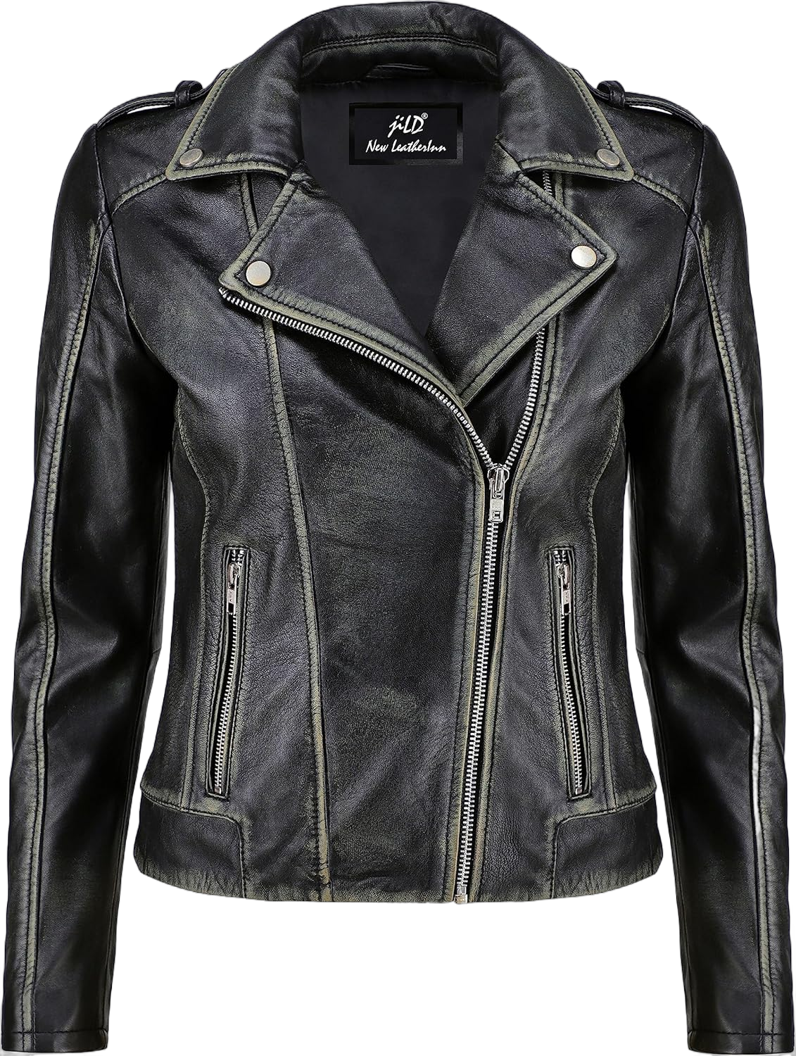 Jild Biker Style Vintage Leather Jacket Women - Casual Fashion Motorcycle Zip-Up Lightweight Coat Collar Women Leather Jacket Large Black