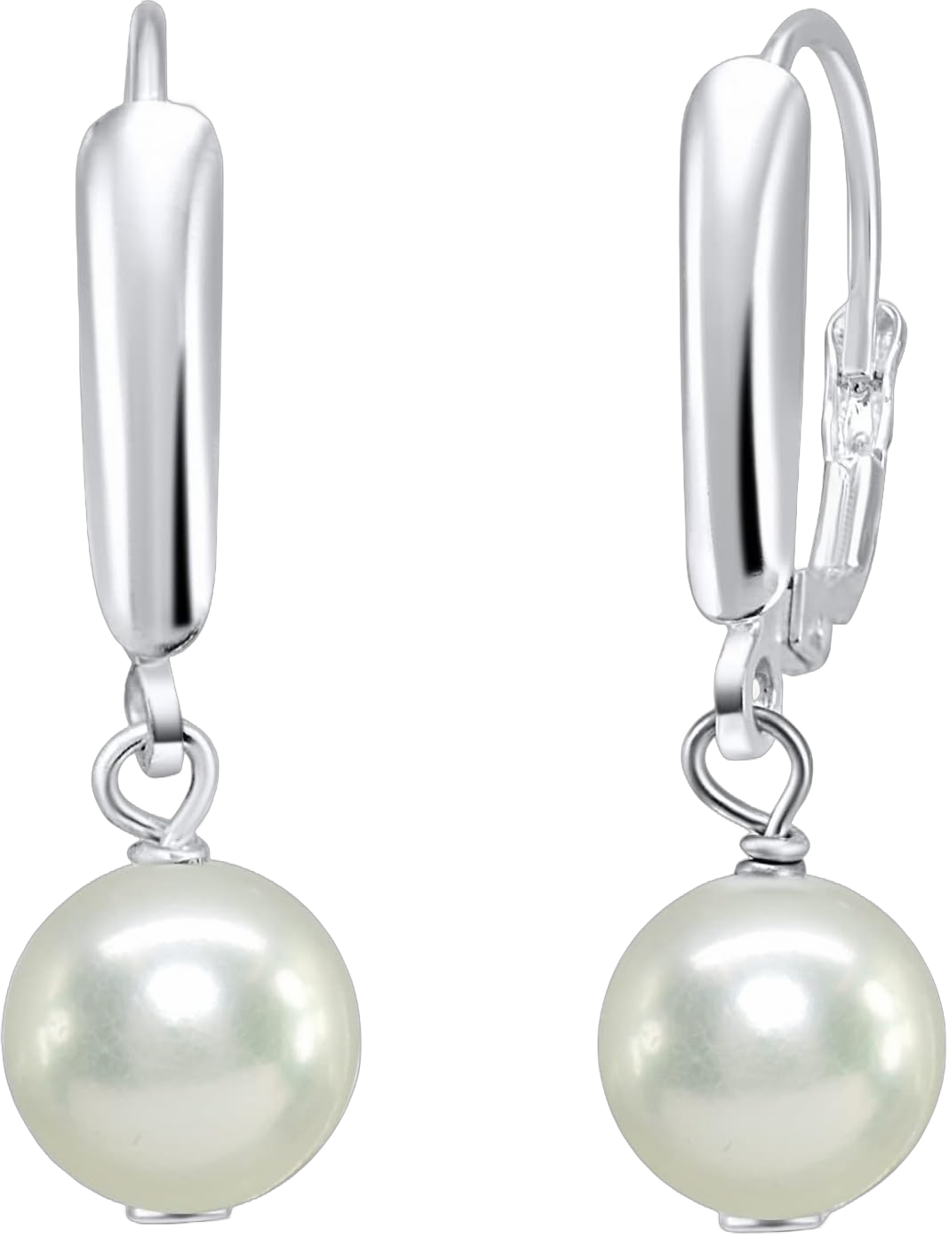 Sterling Silver Earrings for Women 8mm Diamond-cut or Shiny Ball Bead Drop Leverback Dangle Earring Fashion Trendy Simulated Pearl - Silver