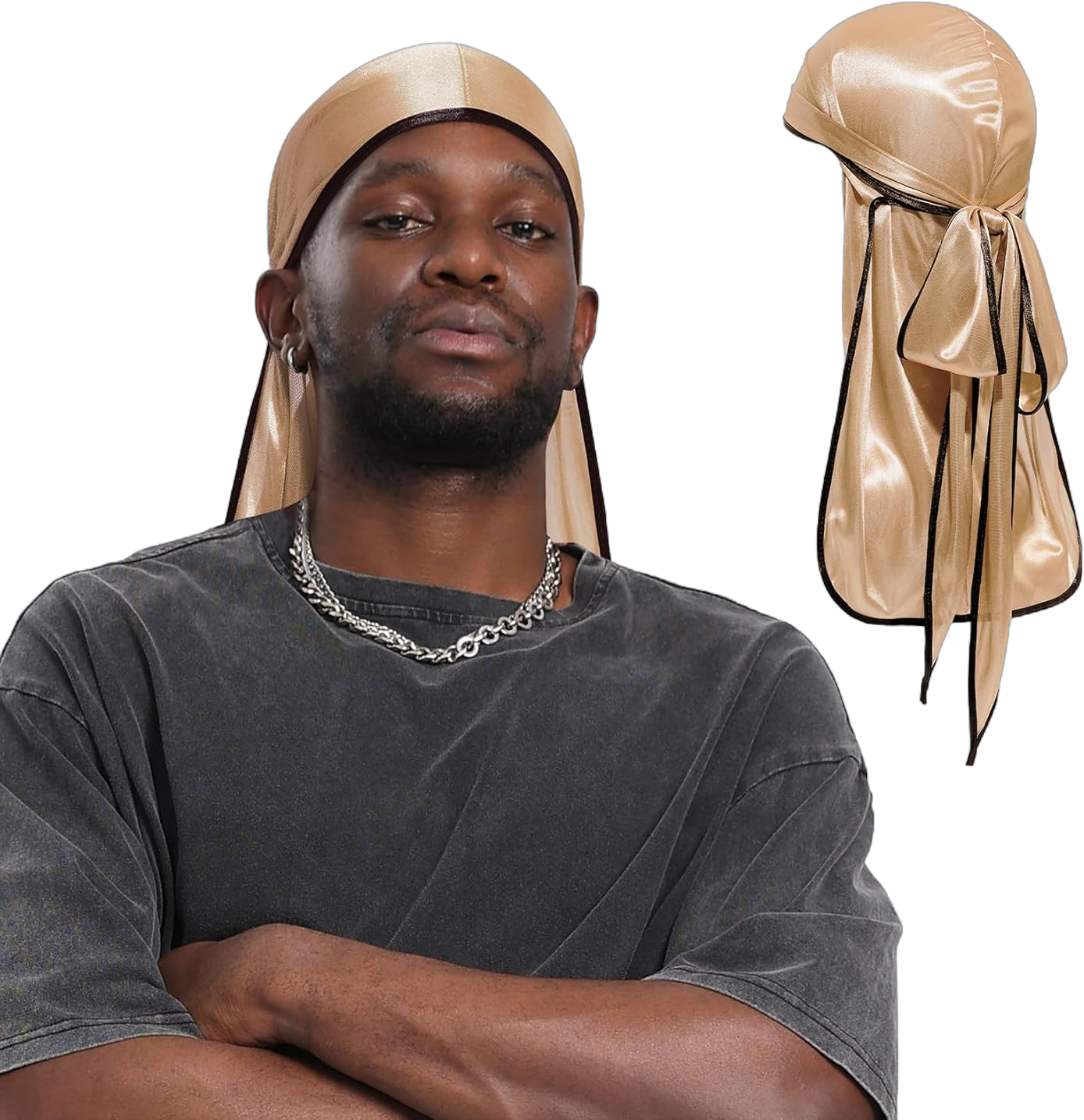 Century Star Satin Silk Head Wrap Durag Long Tail Beanies for Men Women Headwraps Cap One Size A Gold