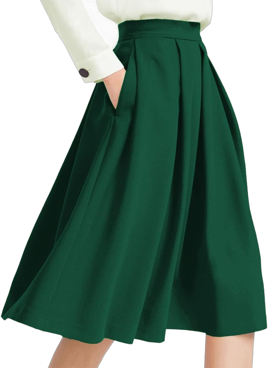 Yige Women's High Waist Flared Skirt Pleated Midi Skirt with Pocket 8 Light Green