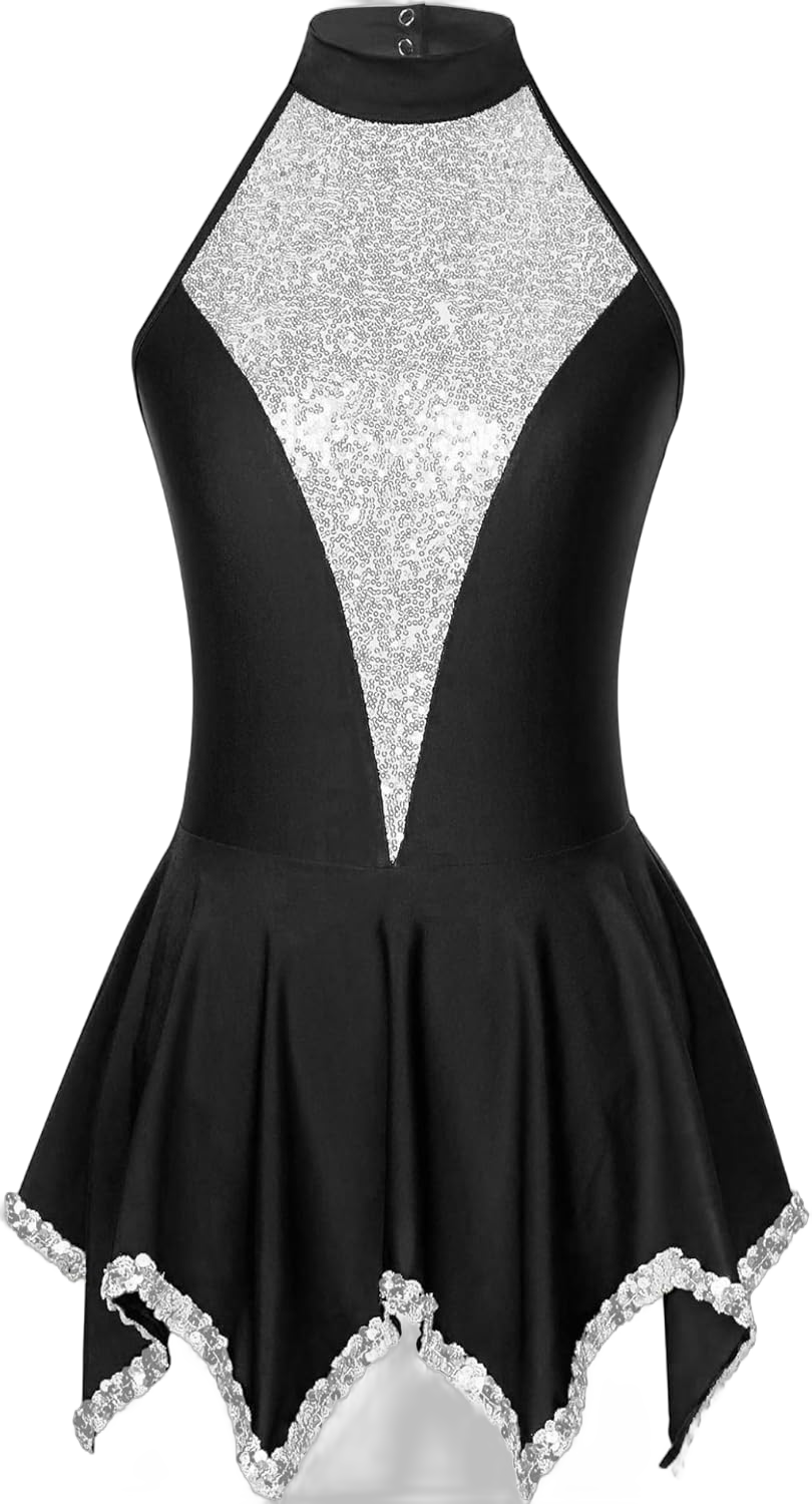 Womens Sequin Gymnastics Leotards Sleeveless Irregular Hem Figure Ice Skating Dress Black XX-Large