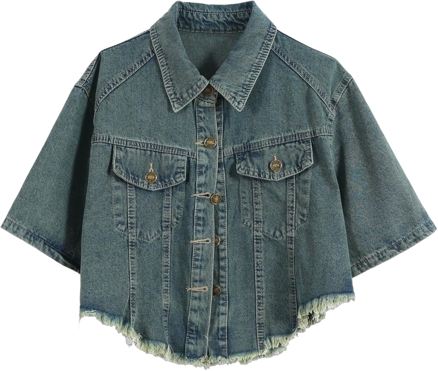 Unilexi Womens Loose And Versatile High Waist Cropped Denim Jacket Short Sleeve Distressed Frayed Fashion Overcoat X-Small Blue