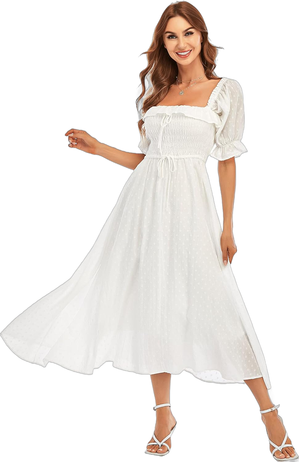 R.YIposha Women Vintage Elastic Square Neck Ruffled Half Sleeve Summer Backless Beach Flowy Maxi Dresses Medium White