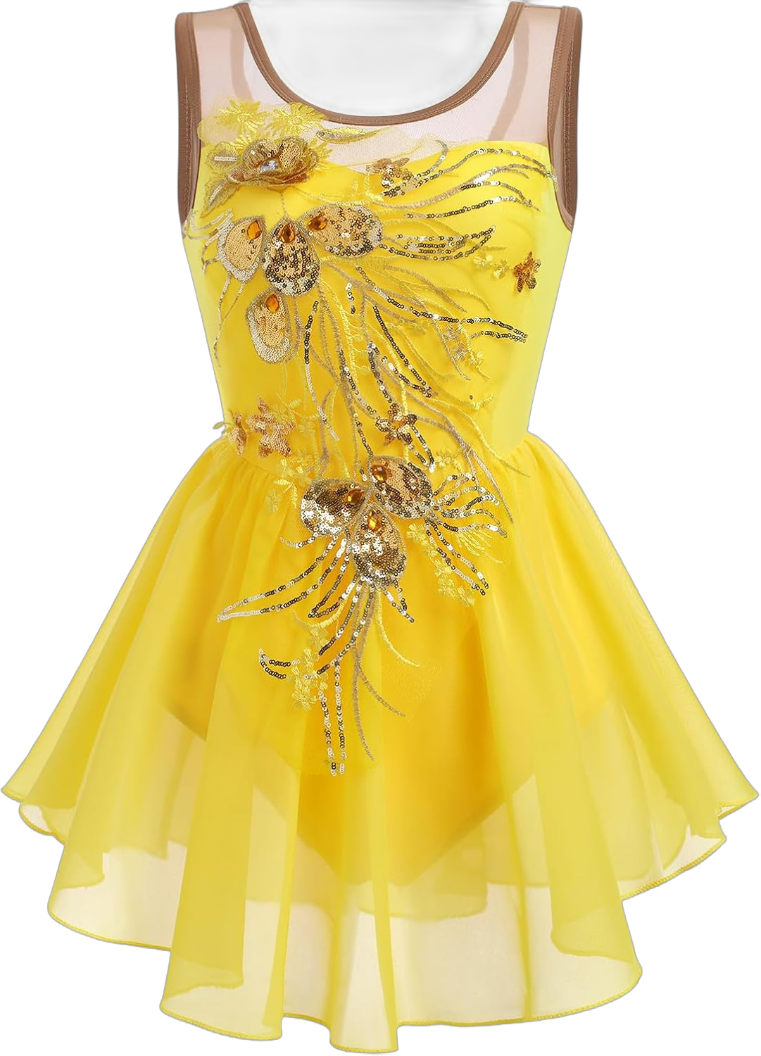 ODASDO Women Ice Figure Skating Dress Ballet Dance Leotard Gymnastics Sequin Embroidery Gradient Chiffon Dress Dancewear X-Large Yellow