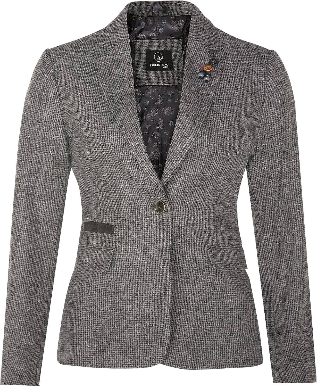 Women's Tweed Grey Herringbone Classic 1920s Formal Wool Tailored Blazer with Elbow Patches 14