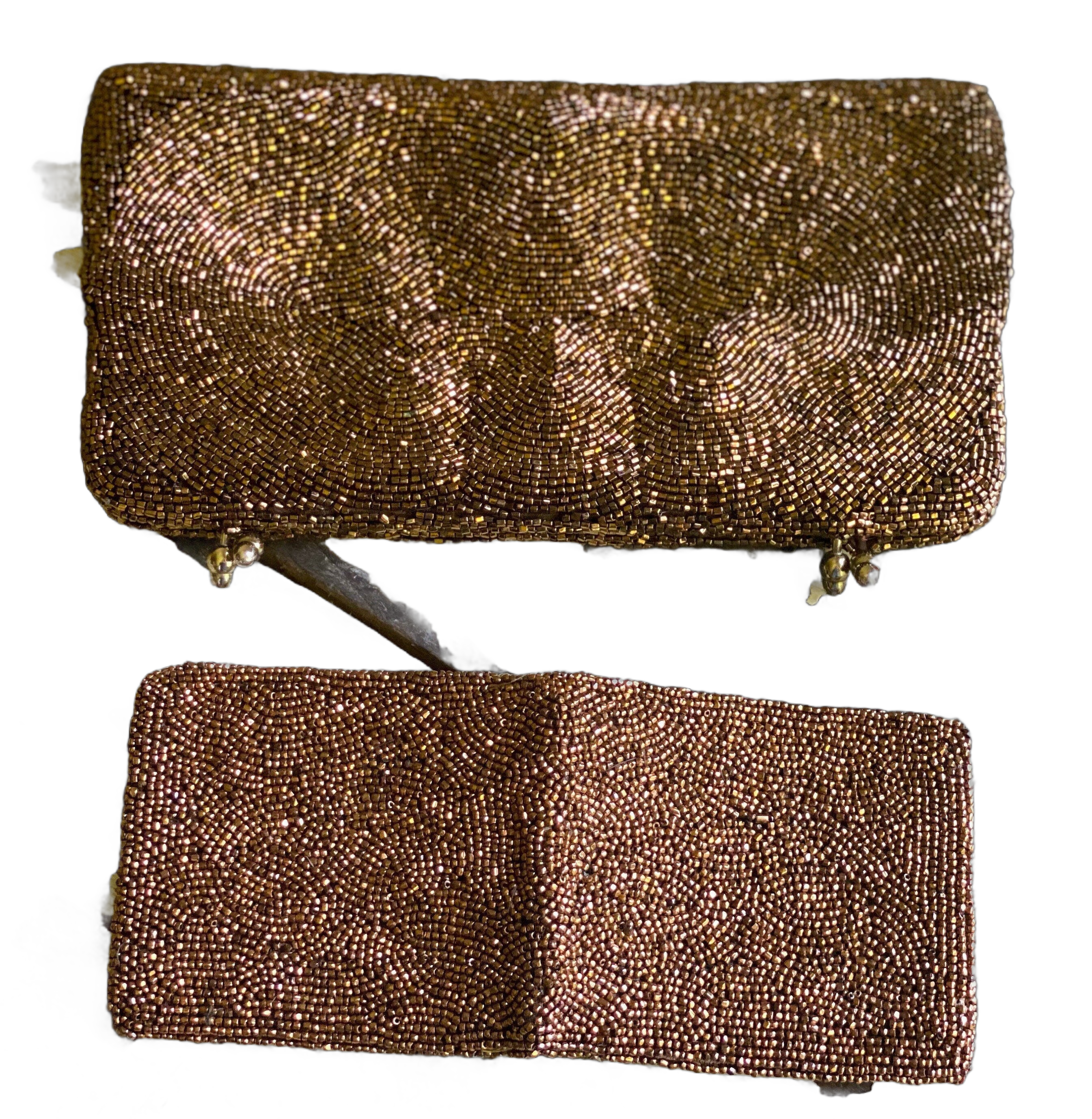 Vintage 1950’s copper beaded evening bag & wallet bronze triple cut seed beads envelope clutch purse Bond Street Ltd. Belgium