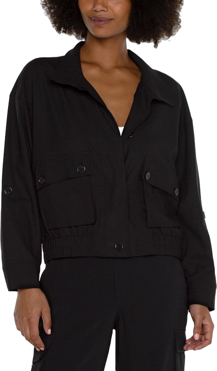 Liverpool Women's Textured Stretch Woven Utility Jacket with Cinch Hem Small Black