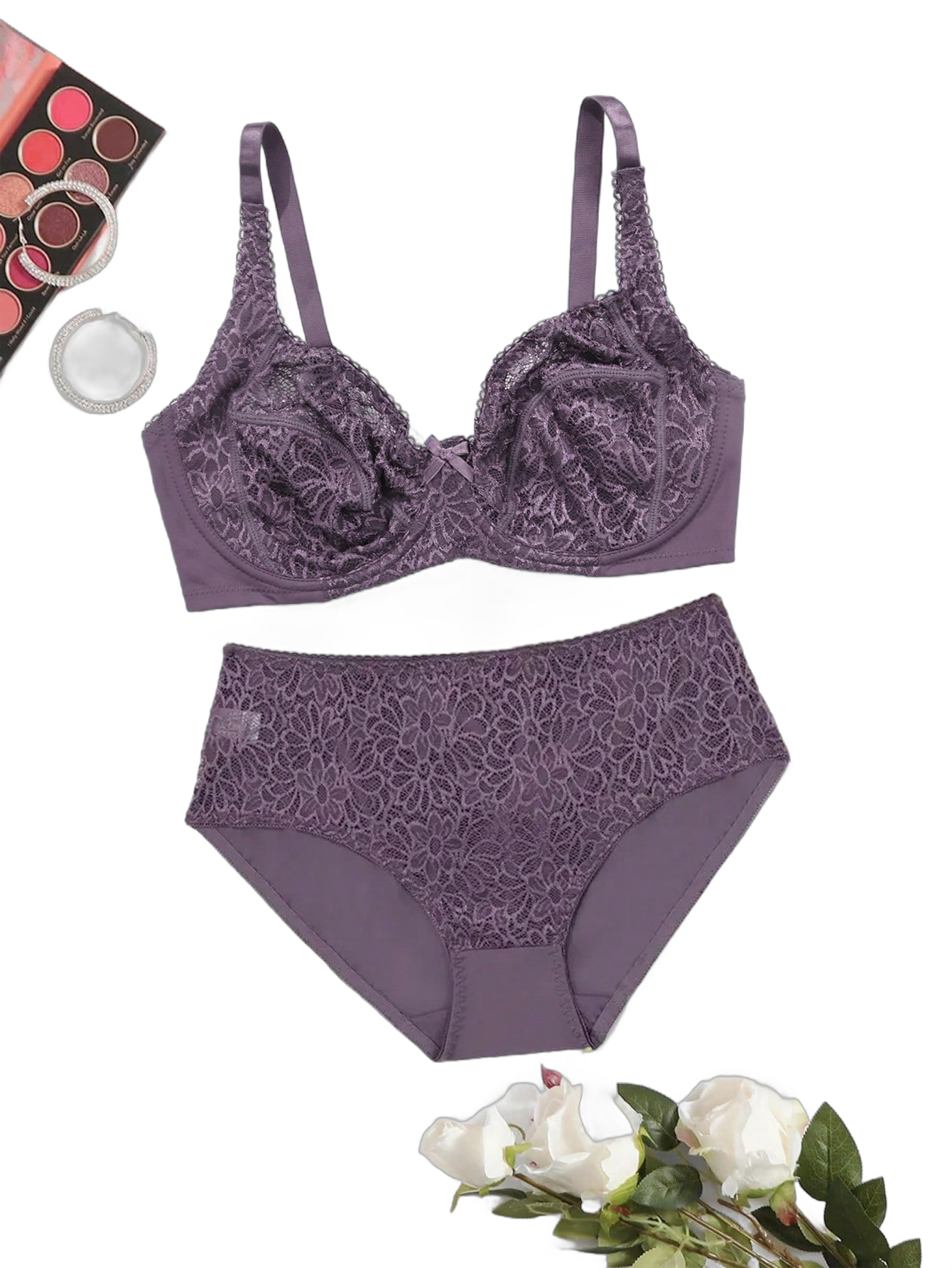 Plus Size Women Lace Bra And Panty Set, Purple Sexy Underwire Bra And Shorts Lingerie Set