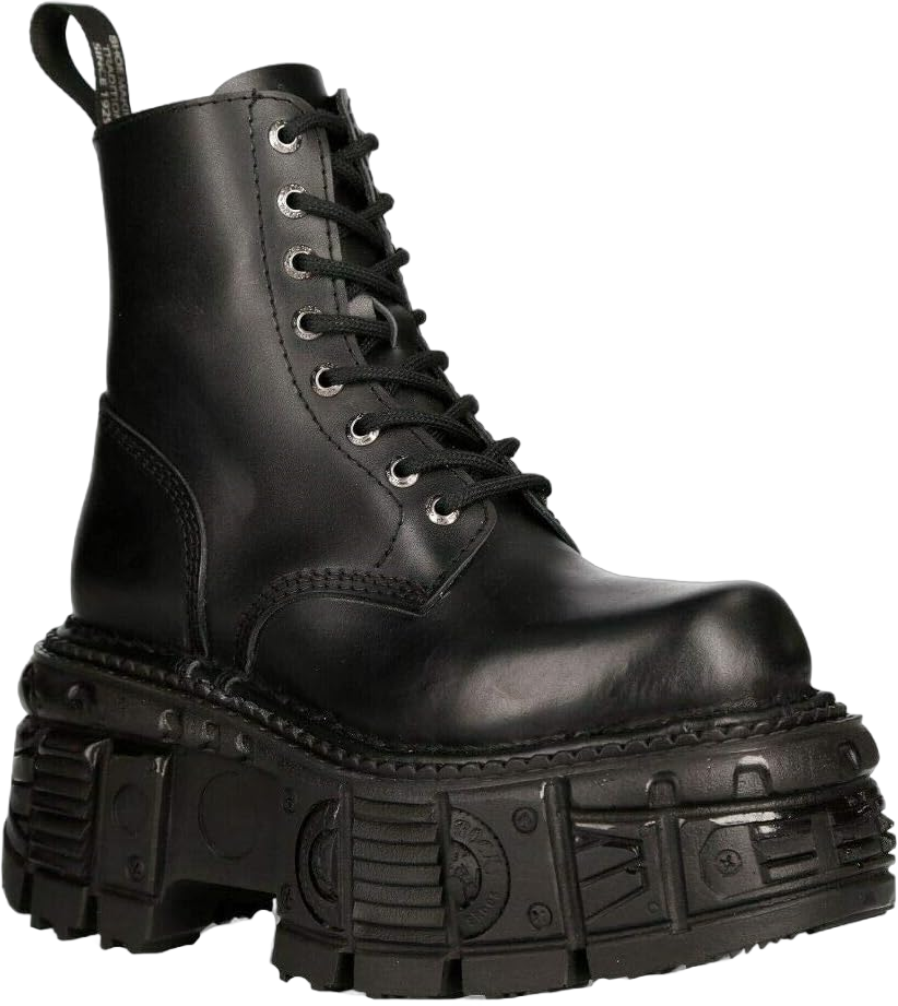 New Rock Boots M-MILI084N-S5 Men's Metallic Black 100% Leather Techno Platform Military Laces Fastening 9 Black