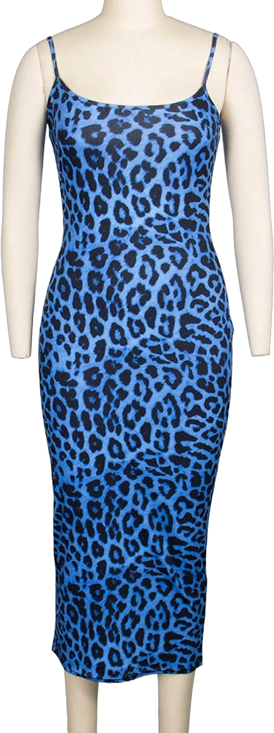 Women's Sexy Spaghetti Strap Sleevless Leopard Print Bodycon Midi Club Cocktail Dress