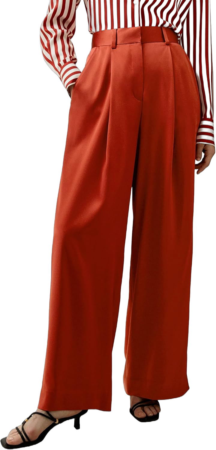 LilySilk 30 Momme 100% Mulberry Silk Pants for Women Staight High Waist Wide Leg Trousers for Business 4 Brick Red