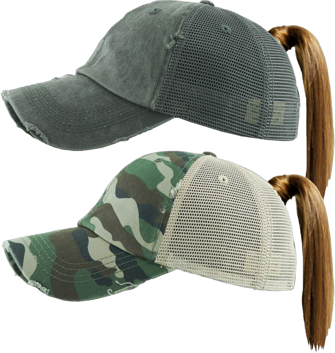 Funky Junque Womens Baseball Cap Trucker Dad Hat Ponytail Messy Bun Ponycap (2 Pack: Mesh Charcoal & Camo)