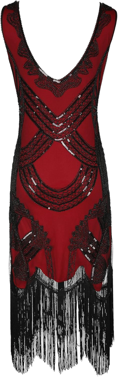 Women's 1920s Gatsby Dress V Neck Sequin Bead Fringed Cocktail Hem Flapper Dress Red Medium