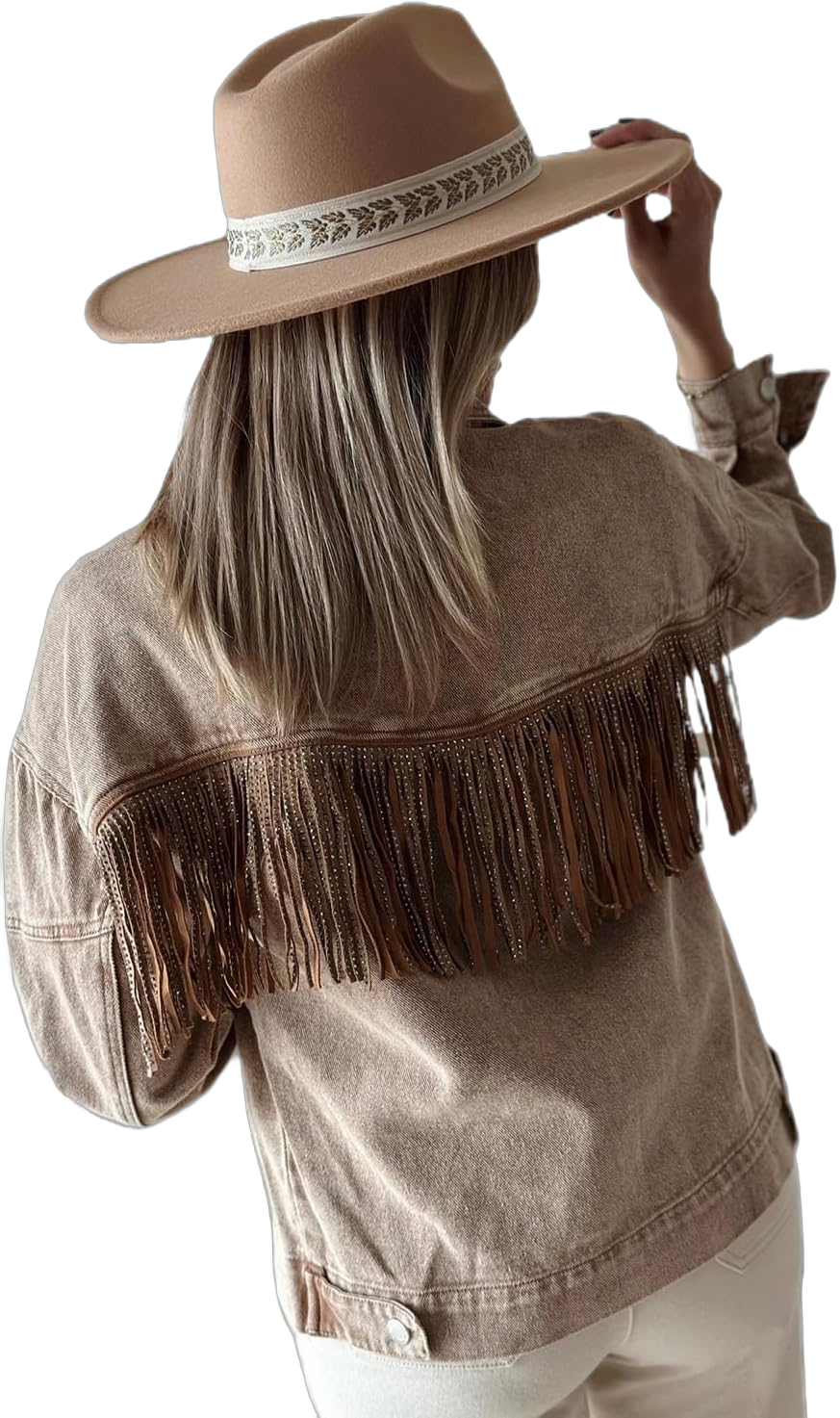 Women's Brown Rhinestone Fringed Cowgirl Denim Jacket X-Large Brown