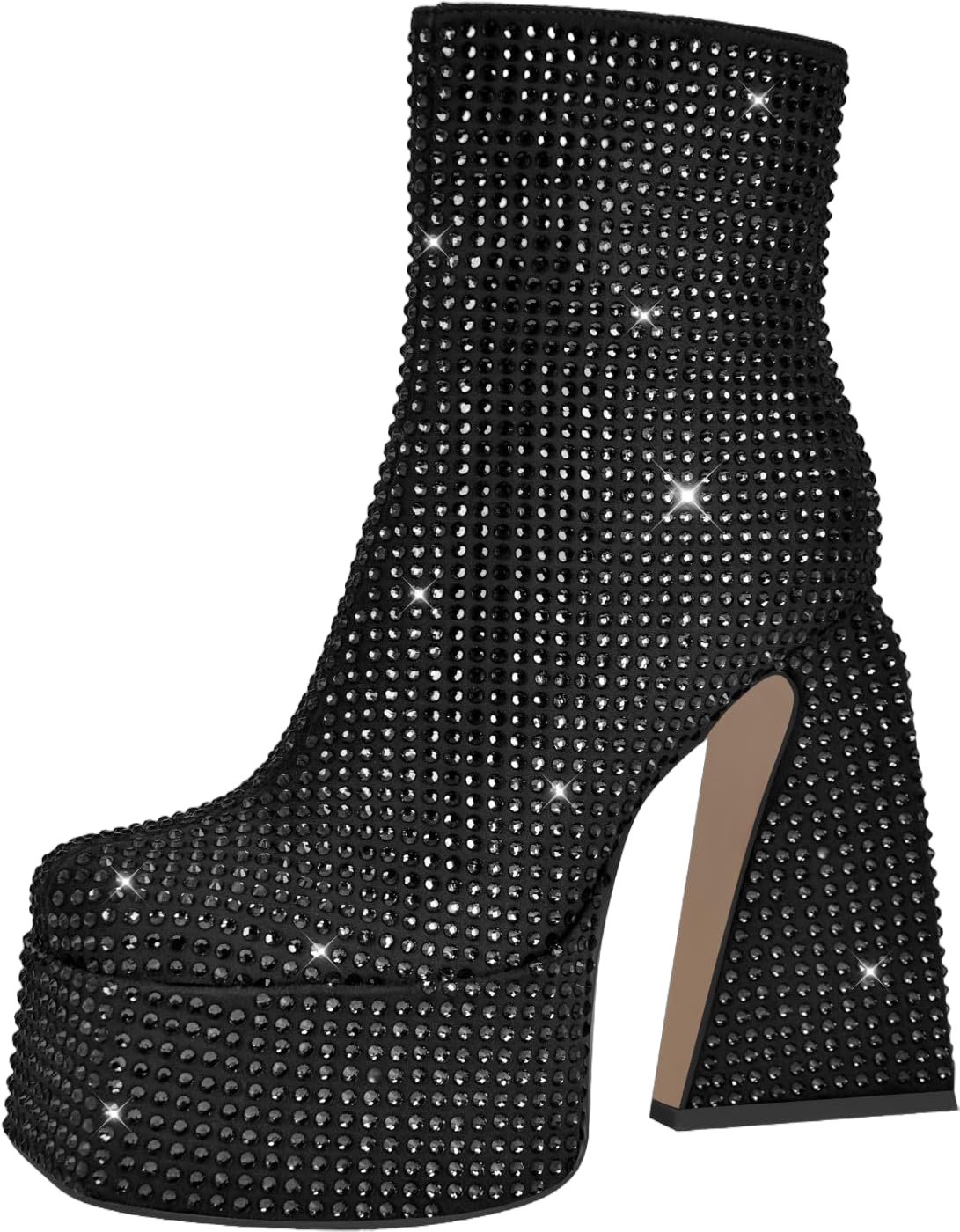 richealnini Women Ankle Boots with Zipper Zip Up Embellished Rhinestones Platform Heel Boots Block Heeled Short Booties 15 Black