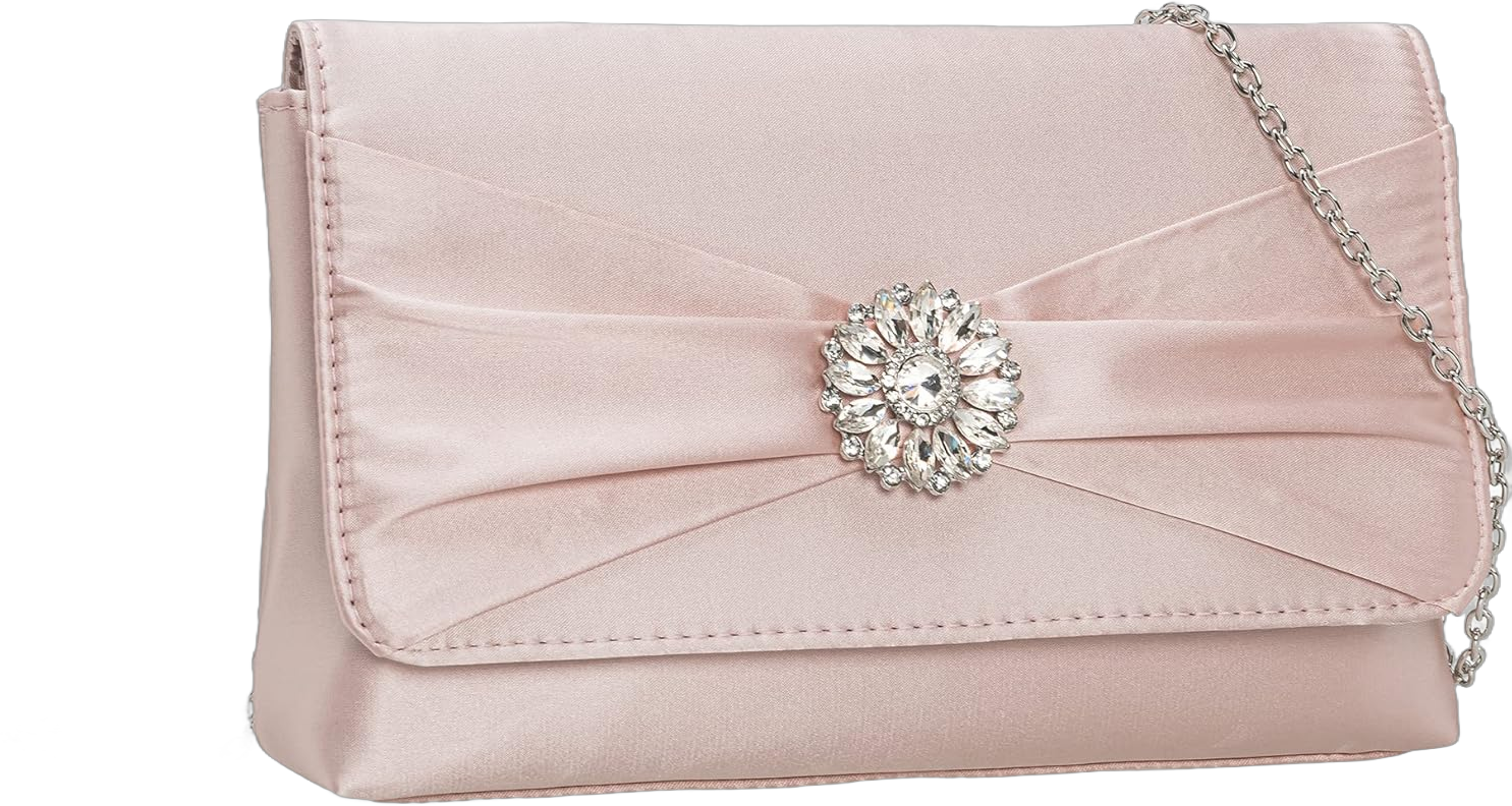 CHARMING TAILOR Evening Bag for Women Pleated Flap Satin Formal Purse Diamantes Brooch Embellished Clutch Blush Pink